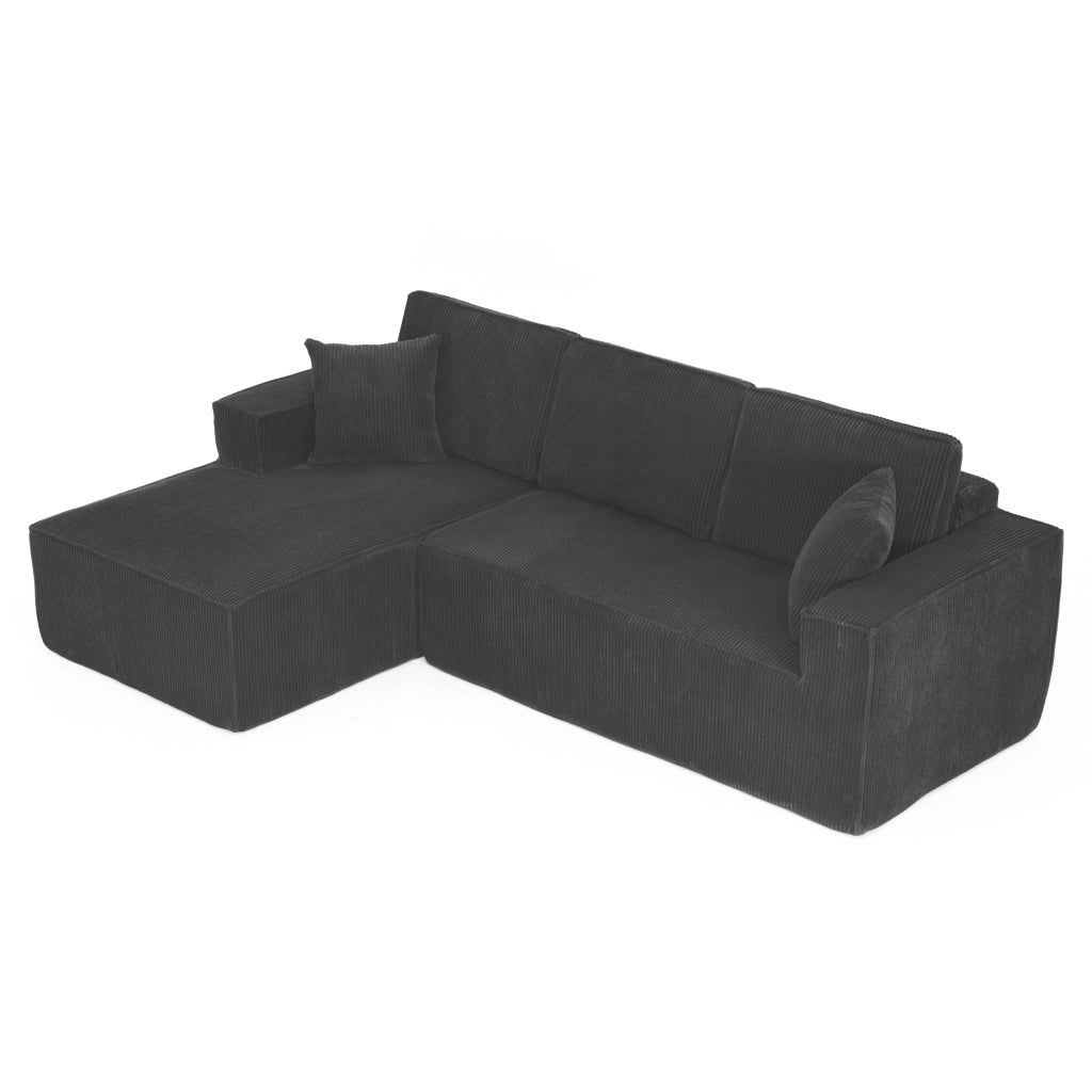 Divano angolare modulare 2 posti con chaise longue, 2 cuscini e braccioli larghi in velluto a coste nero