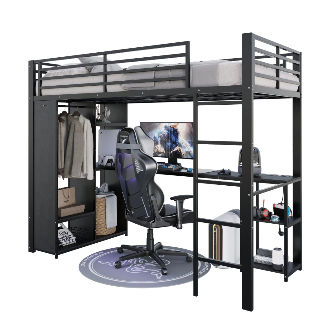 Letto a soppalco 90x200 cm nero con scrivania, LED e armadio aperto