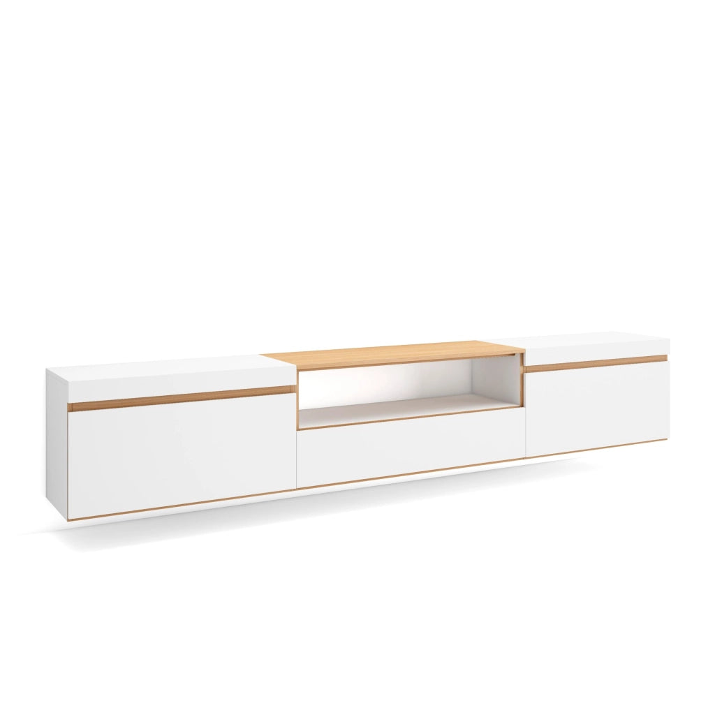 Mobile TV Soggiorno, 260x45x35cm, TV di grande formato, Sospeso, da appendere, Bianco e Rovere soft