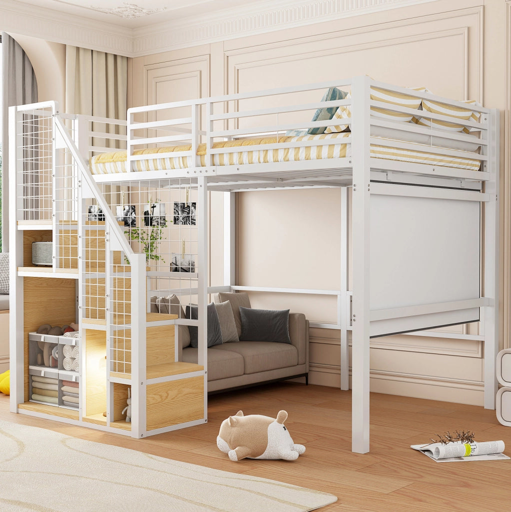 Letto a soppalco in metallo 140x200 cm con scaletta e spazio contenitivo, letto per ragazzi nero e bianco
