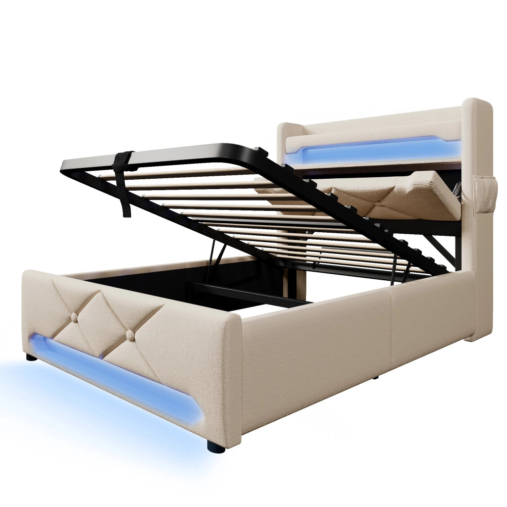 Letto contenitore singolo 90×200 cm con testiera; USB; Type C e LED; materasso incluso; lino; beige