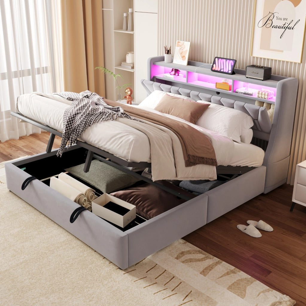 Polsterbett 180x200 cm con contenitore; testiera ribaltabile; LED; USB e USB-C; velluto grigio chiaro