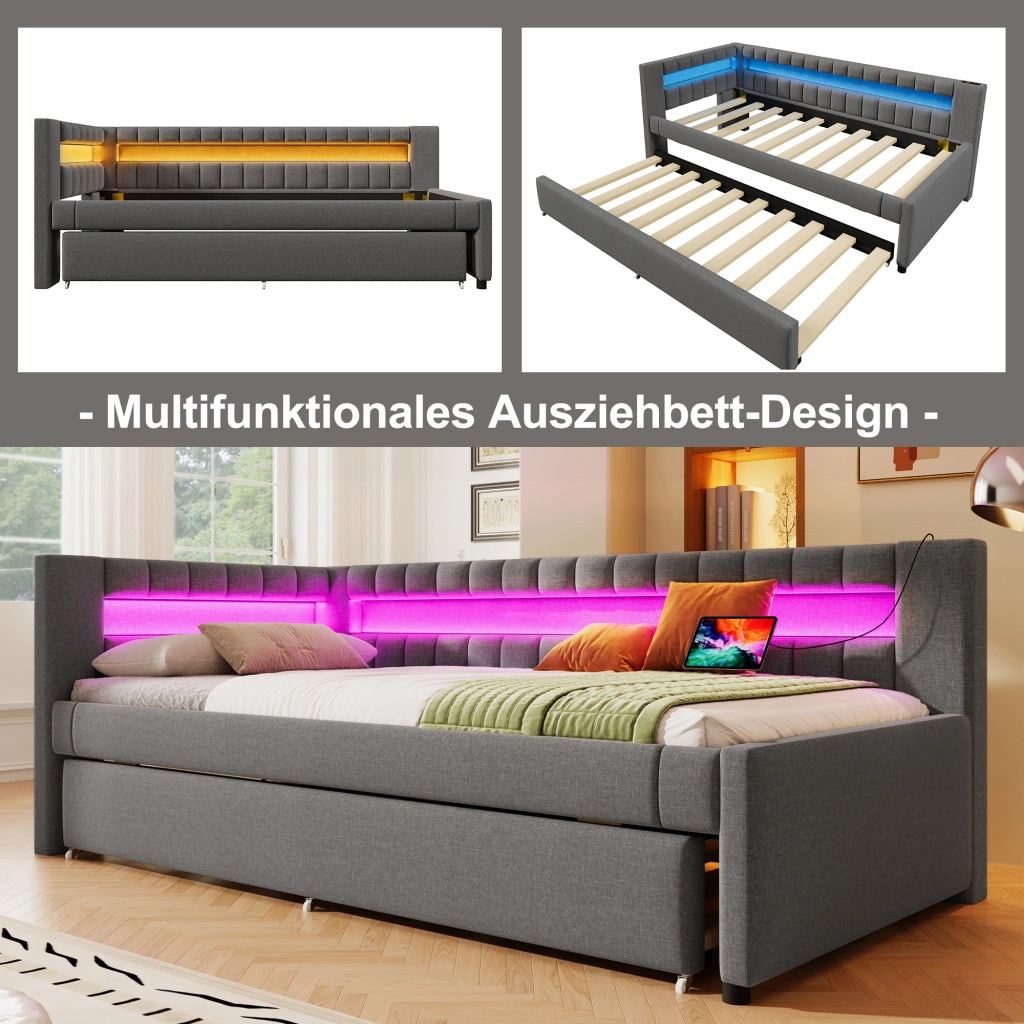 Letto divano estraibile 90 × 200 cm con LED; USB e Type-C; senza materasso; in lino e MDF; grigio