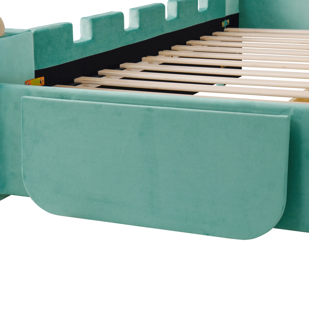Letto singolo 90x200 cm in velluto verde petrolio con testiera a nuvola; cassetto; lampada e USB