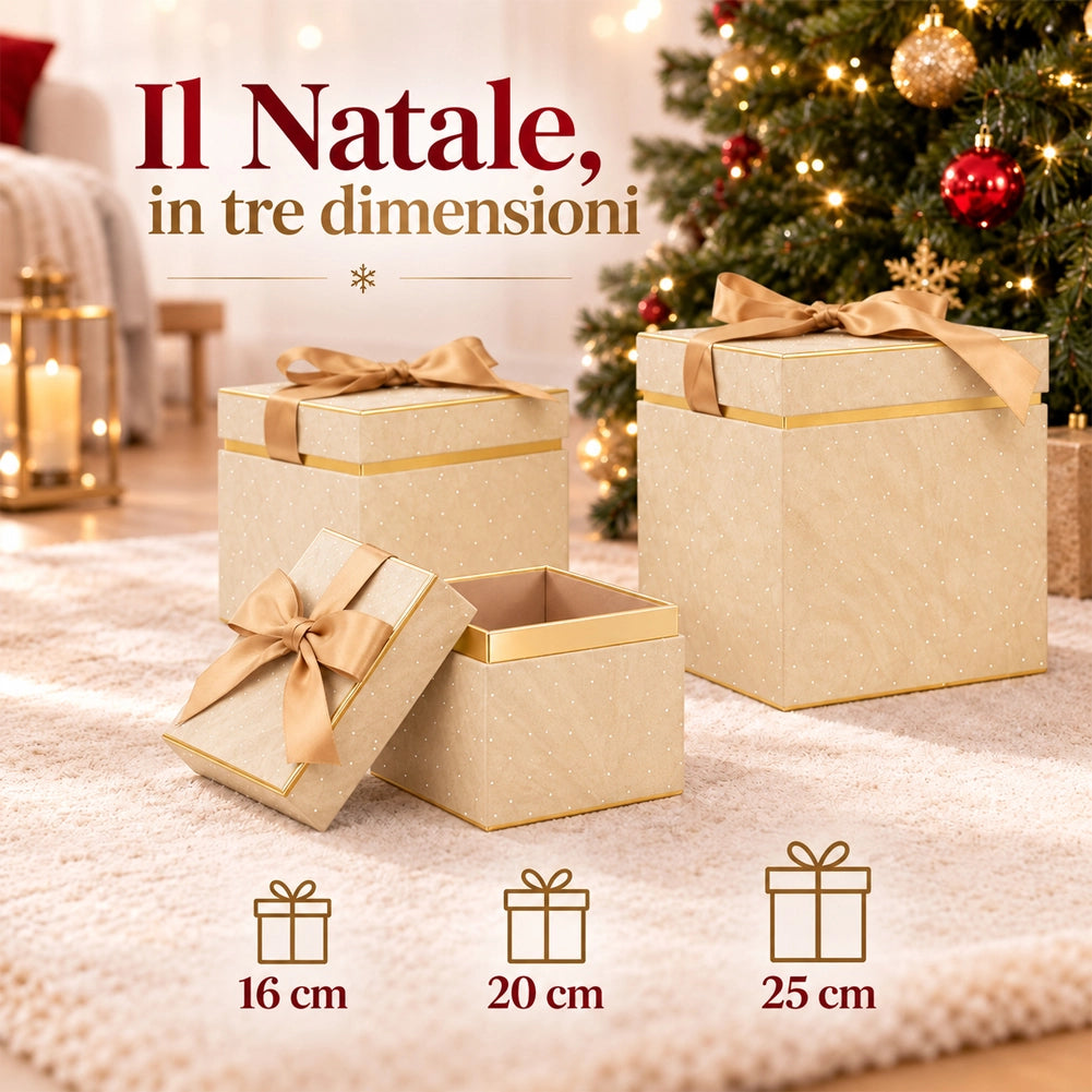 Set 3 Scatole Quadrate Decorazione Natalizia Champagne 16/20/25cm Scatola Fiocco
