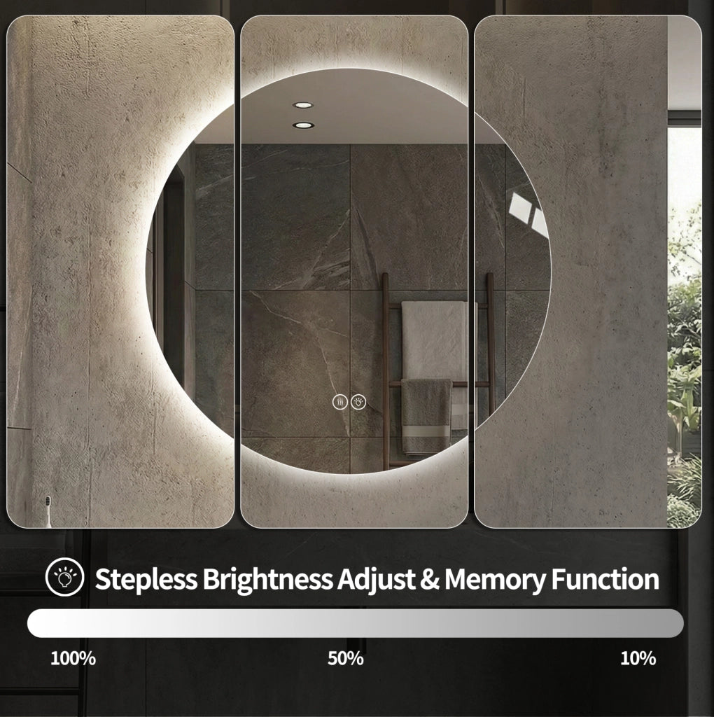 Specchio da bagno rotondo LED 80 cm con illuminazione anteriore e retroilluminazione, antiappannamento, 3 tonalità di luce, dimmer regolabile, funzione memoria, vetro argento HD 5 mm senza rame