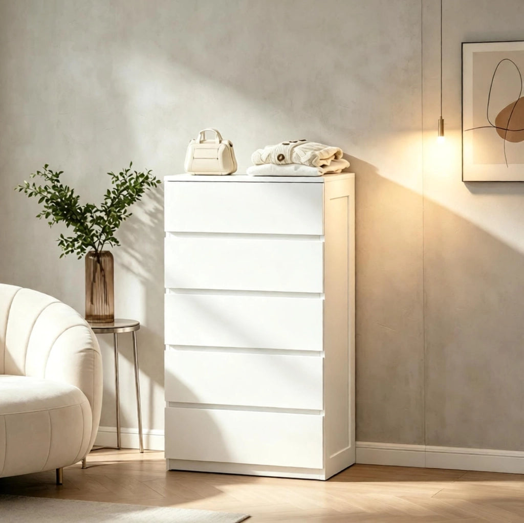 Cassettiera Bianca Compatta a 5 Cassetti 60 x 39 x 100 cm
