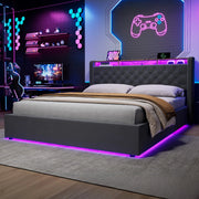 Letto contenitore matrimoniale 160x200cm;LED;vano contenitore;presa elettrica;testiera reclinabile;base imbottita;grigio scuro;materasso escluso