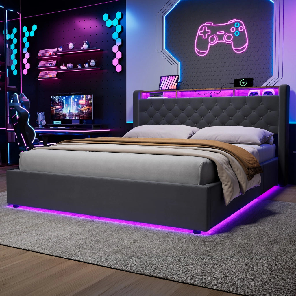 Letto contenitore matrimoniale 160x200cm;LED;vano contenitore;presa elettrica;testiera reclinabile;base imbottita;grigio scuro;materasso escluso