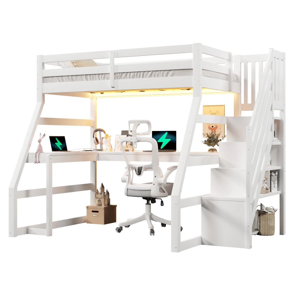 Letto a soppalco 90x200 con scrivania; bianco; scala contenitore e luci LED