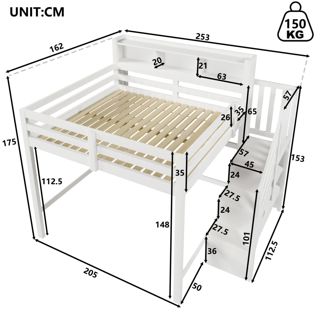 Letto a soppalco 140x200 cm bianco con LED e scala contenitore