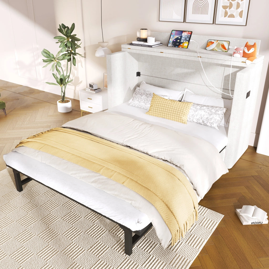 Letto a Scomparsa 140x200 cm in Lino con Cassetto; USB-C e Modulo Contenitore Mobile; Beige