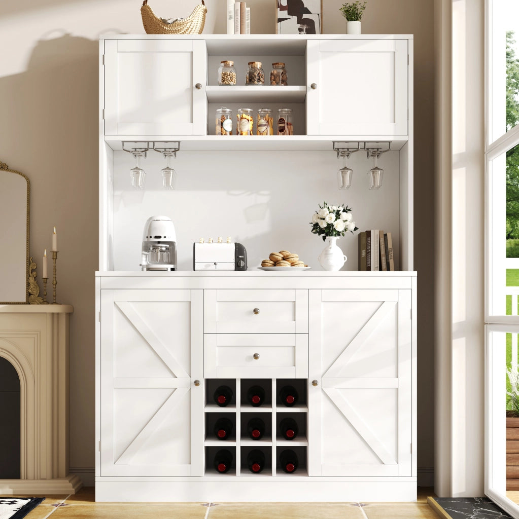 Mobile buffet da cucina 120x40x188 cm con 4 ante, 2 cassetti e portabottiglie bianco HAVRYA