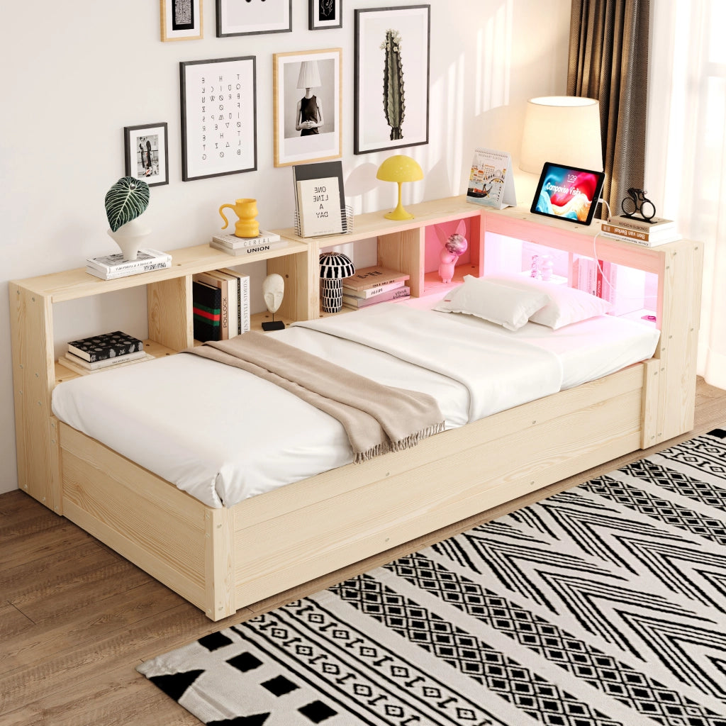 Letto singolo con contenitore 90 × 200 cm idraulico con vani; LED e presa integrata in legno naturale