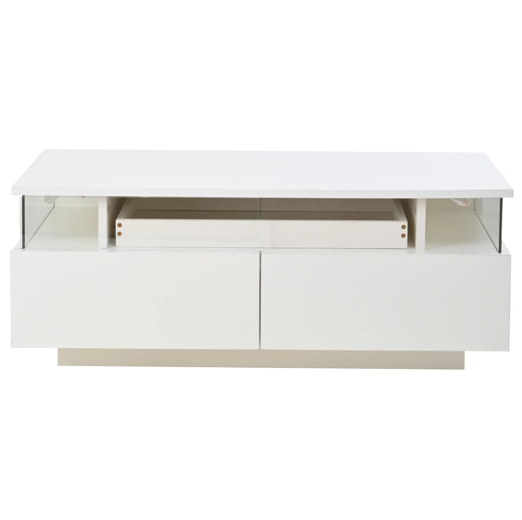 Tavolino da salotto bianco lucido 90x45x35,5 cm con 2 cassetti in acrilico, vetrate laterali in vetro temperato, ripiano estraibile e illuminazione LED controllabile via app