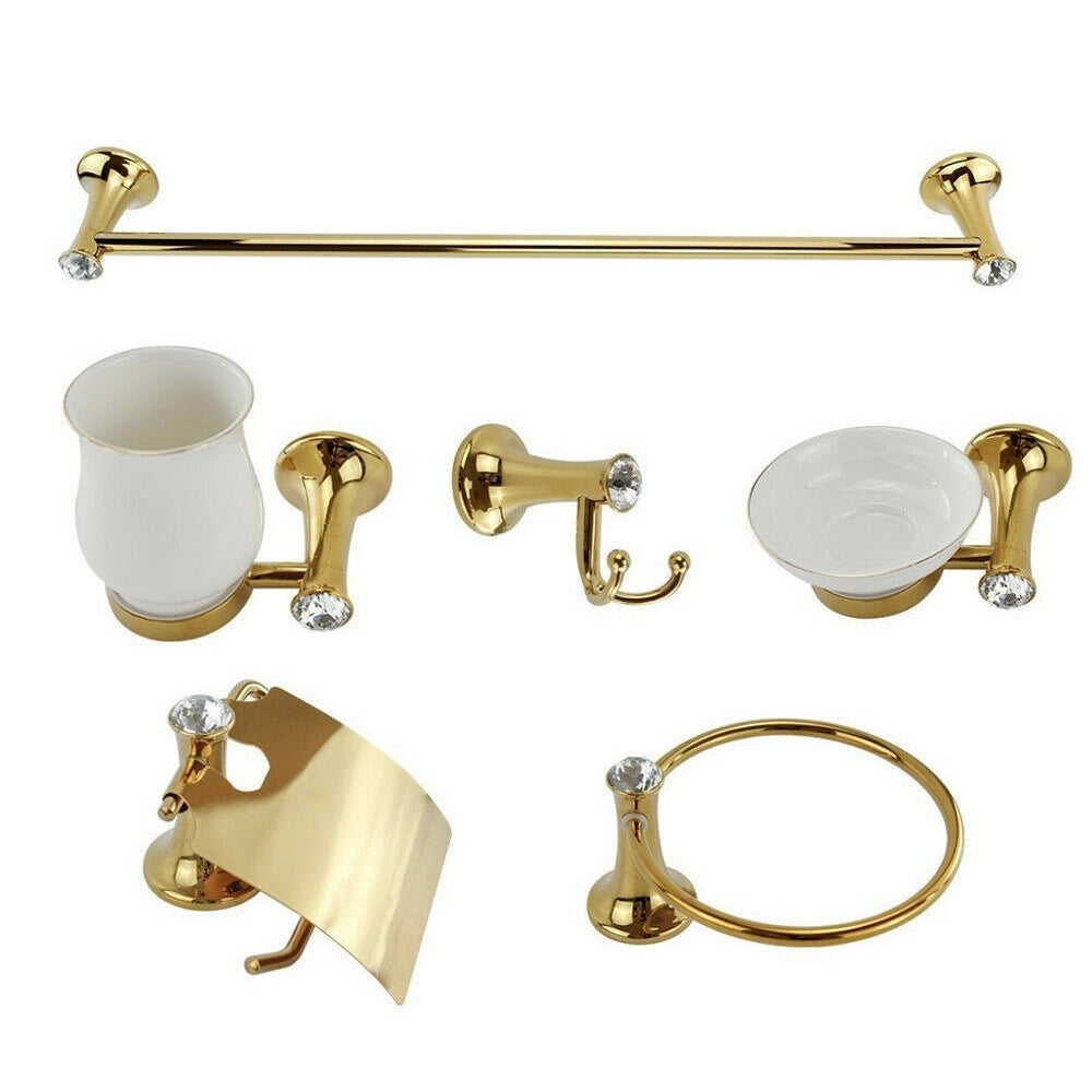 Trade Shop - Set 6 Pz Accessori Bagno In Oro E Ceramica Con Punti Luce Cristalli In Acrilico -