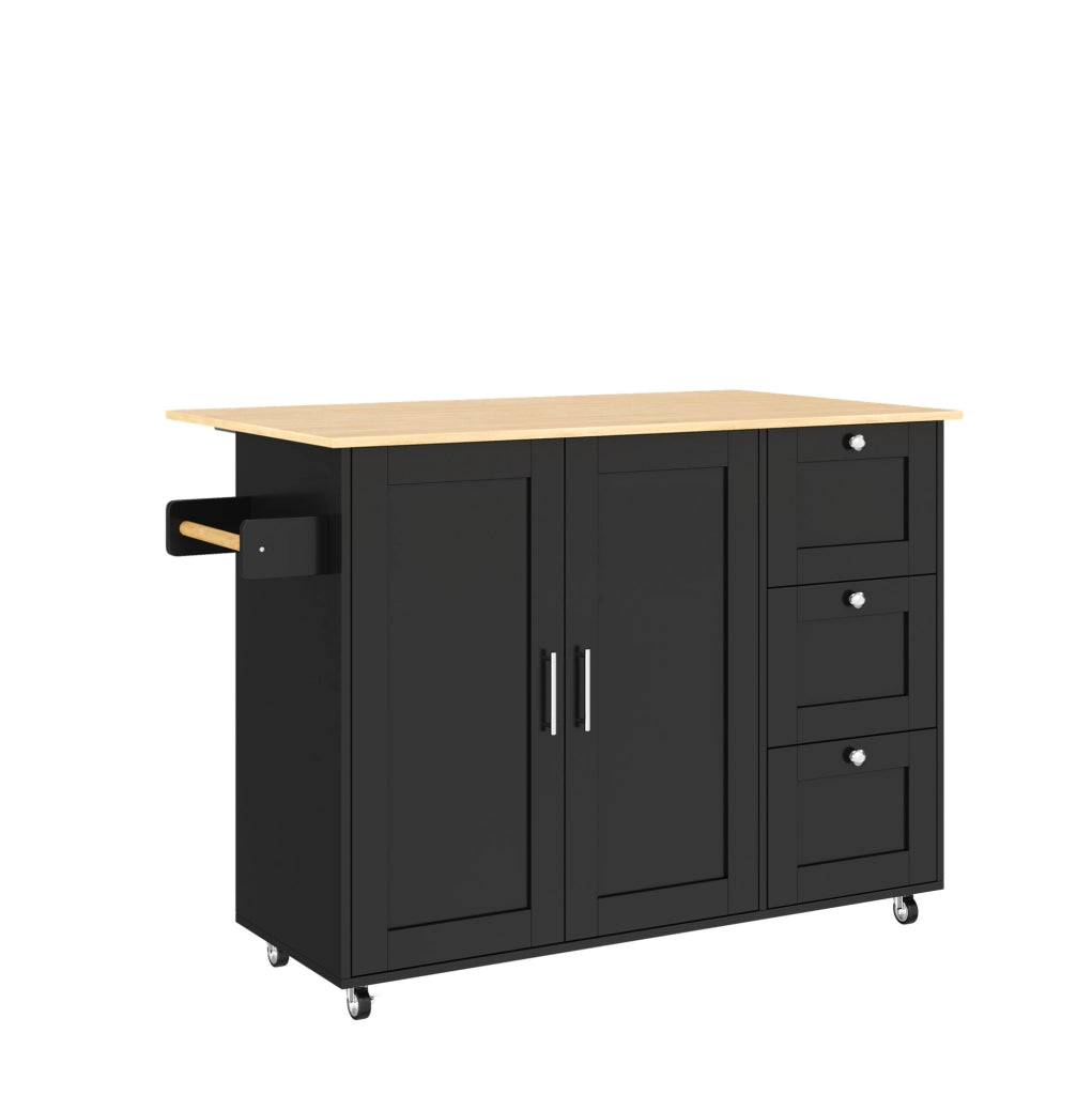Carrello da cucina pieghevole con 3 cassetti e 2 ante; MDF; nero e naturale; 135 × 44/70 × 90 cm