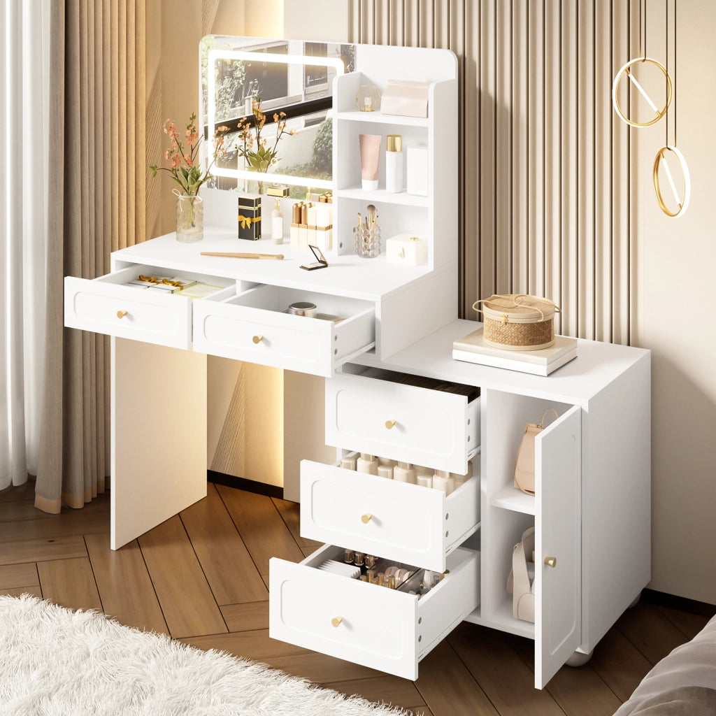 Tavolo da trucco 80x39;8x127 cm con specchio LED a 3 modalità; 5 cassetti; anta e ripiani; bianco