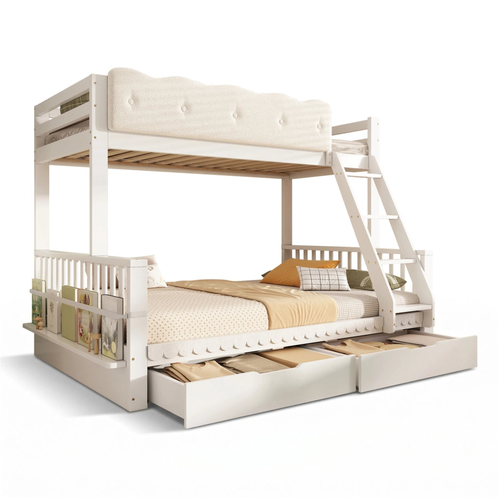 Letto a castello per bambini 90x200/140x200 cm con sponde a nuvola, cassetti e porta riviste, struttura in legno bianco, senza materasso