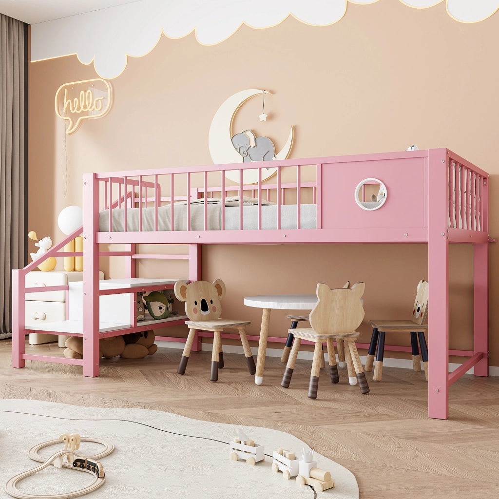 Letto a soppalco 90 × 200 cm con scala contenitore e vano sottoletto in MDF e metallo rosa per bambini e ragazzi