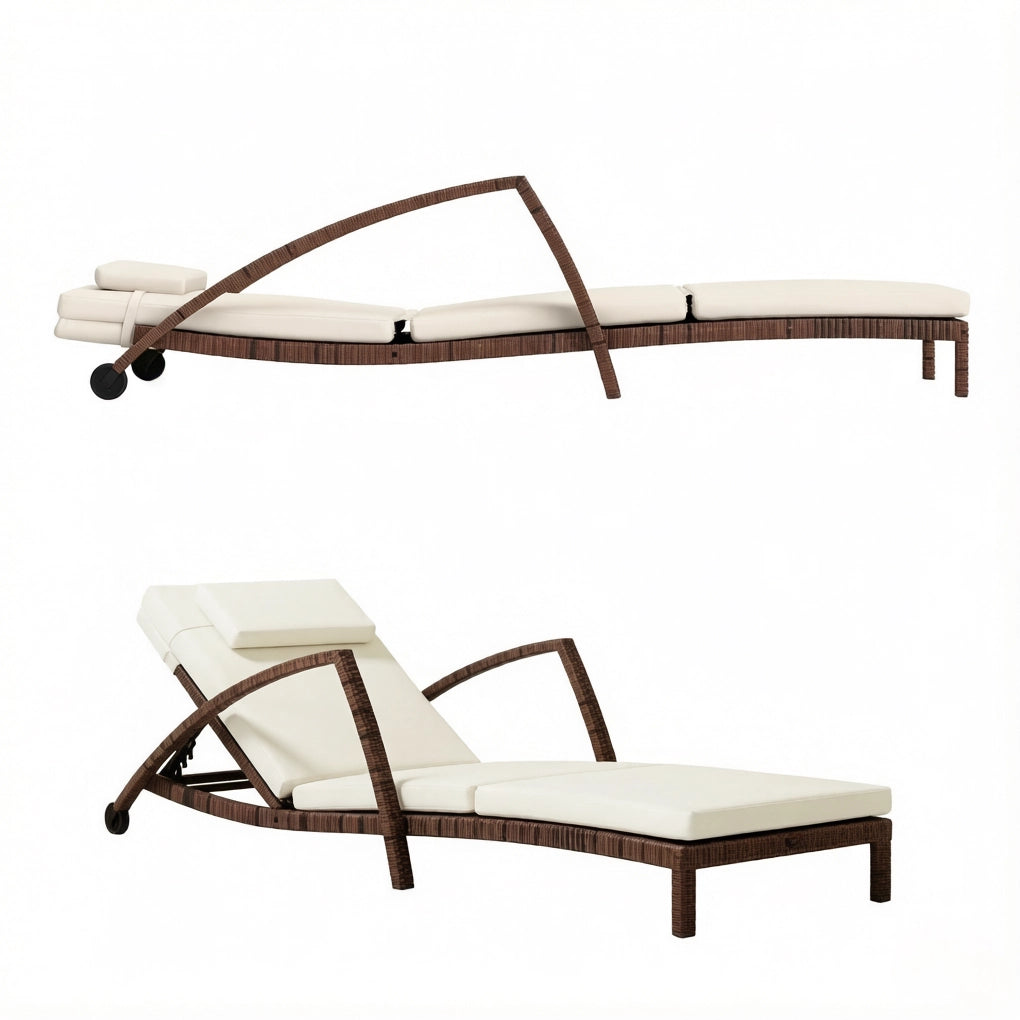 Sdraio da terrazza moderna con ruote, lettino da giardino regolabile in 5 posizioni, struttura in acciaio zincato e resina intrecciata, cuscini beige e marrone