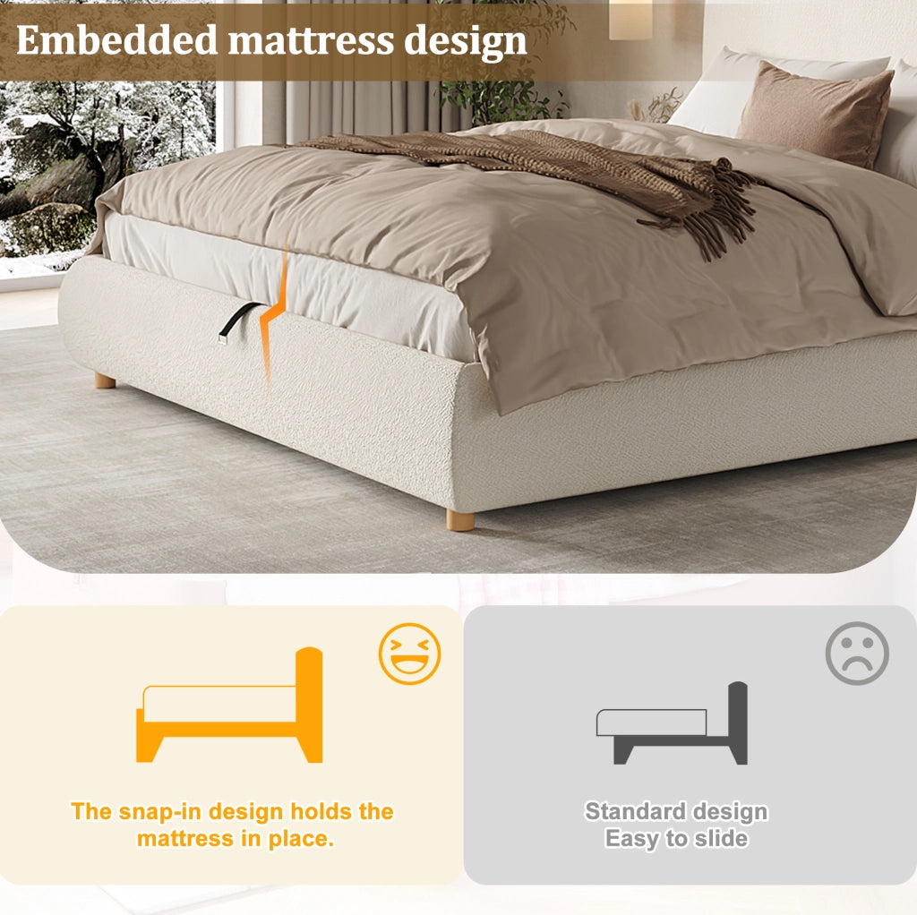 Letto matrimoniale 180x200 cm in bouclé bianco con contenitore idraulico; testiera imbottita e rete a doghe