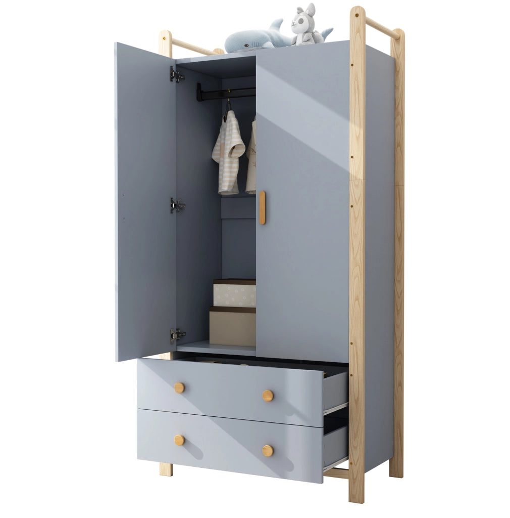 Armadio guardaroba 2 ante con appendiabiti e 2 cassetti; 89;6x44x180;5 cm; blu e pino