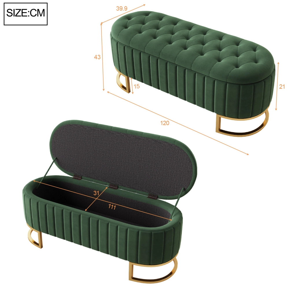 Panca Contenitore in Velluto Verde con Seduta Imbottita 120x40 cm