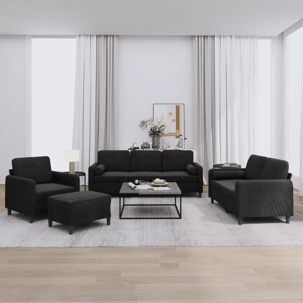 Set di Divani 4 pz con Cuscini Nero in Velluto