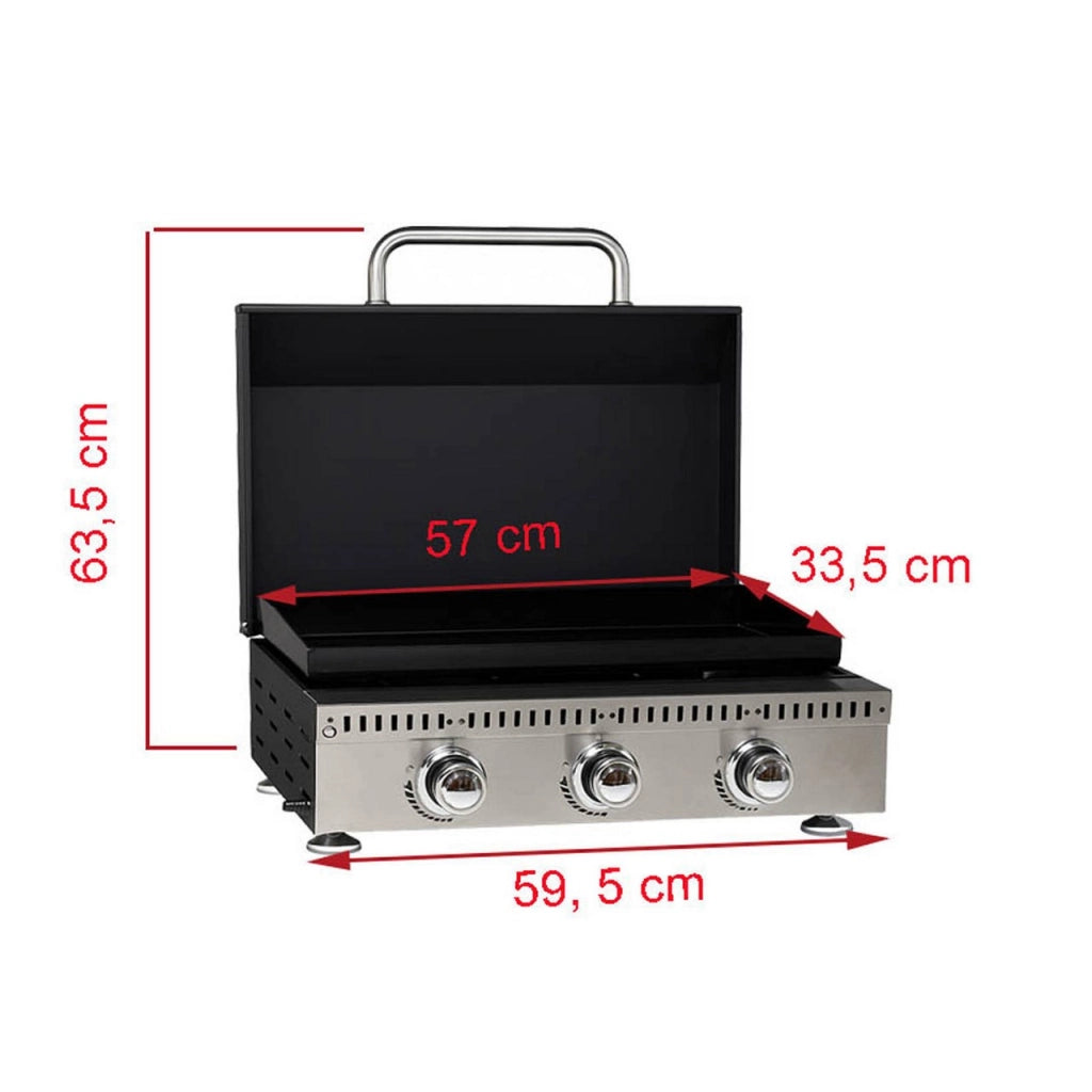 Barbecue Plancha a Gas Con Coperchio Portatile a 3 Bruciatori da 9 KW in Acciaio Inox, Griglia BBQ a Gas Propano da Tavolo con Vaschetta Raccogli Grasso, Regolatore, per Giardino Balcone Campeggio Picnic, Nero