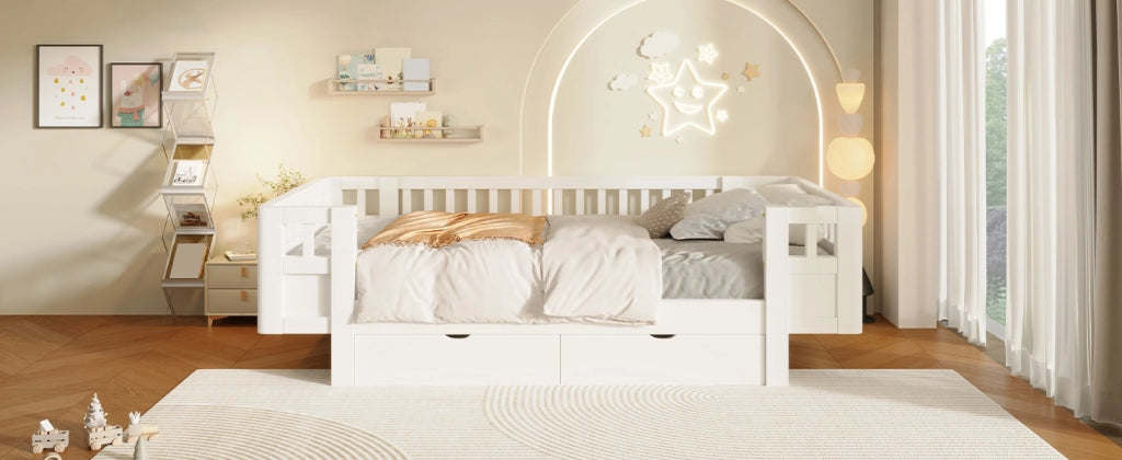 Letto a piattaforma 90x200 cm con sponde alte e due ampi cassetti, bianco