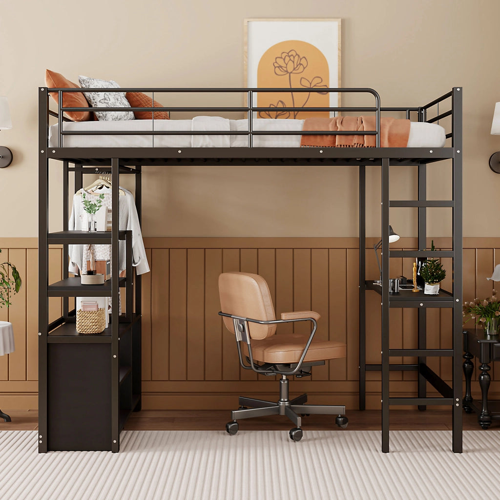 Letto a soppalco 90 × 200 cm con scrivania prese USB scaffali struttura in metallo e MDF nero