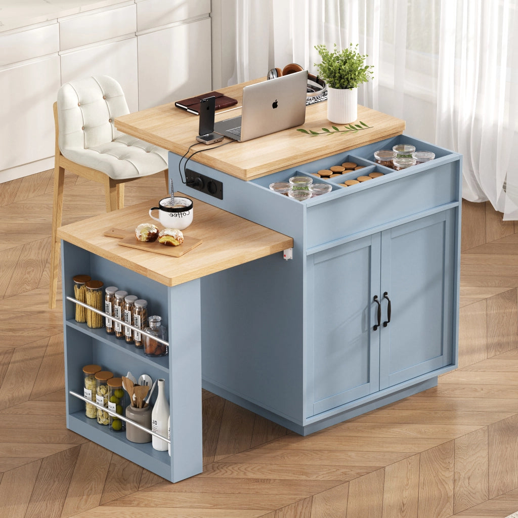 Tavolo allungabile per cucina con ripiani cassetti LED USB e Type-C blu 125.5 × 71 × 93 cm