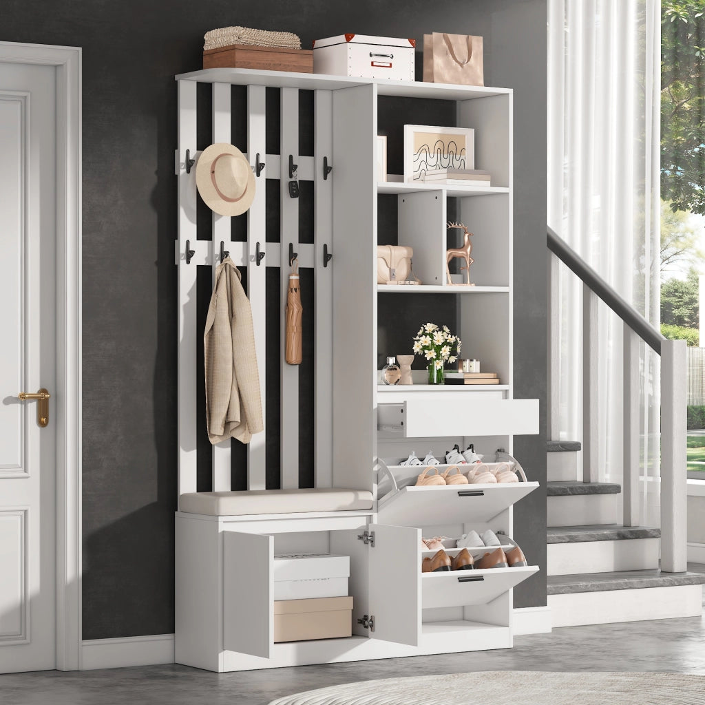 Guardaroba da ingresso bianco in mdf 120x30x200 cm; mobile ingresso con panca imbottita; scarpiera a ribalta e 10 ganci