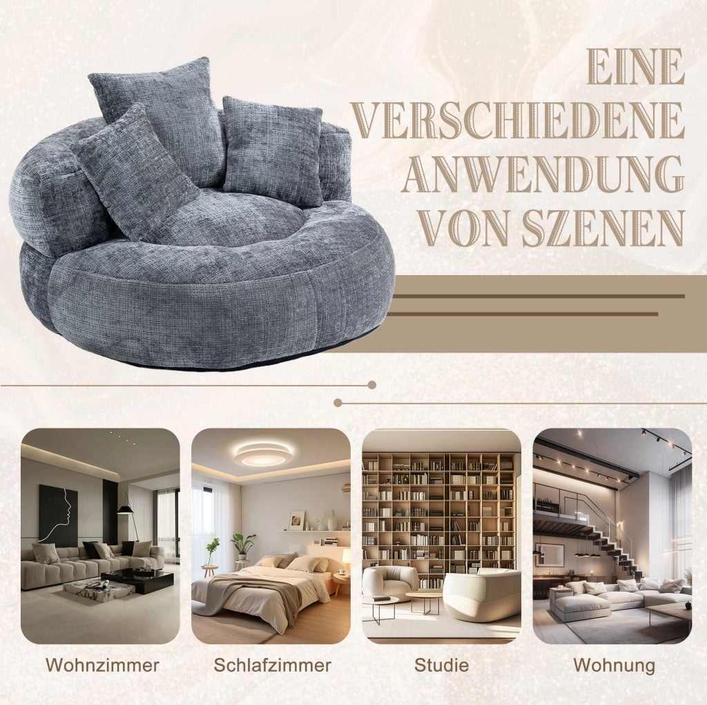 Poltrona lounge ULEVR in ciniglia grigia 108x108x52 cm con schienale alto e braccioli, seduta imbottita