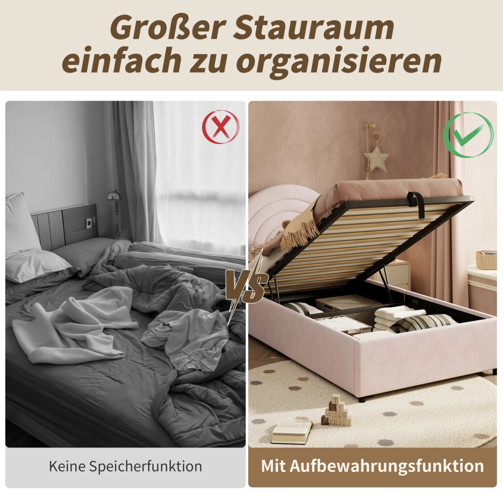 Letto contenitore 90 × 200 cm con sollevamento idraulico testiera imbottita rivestito in velluto rosa