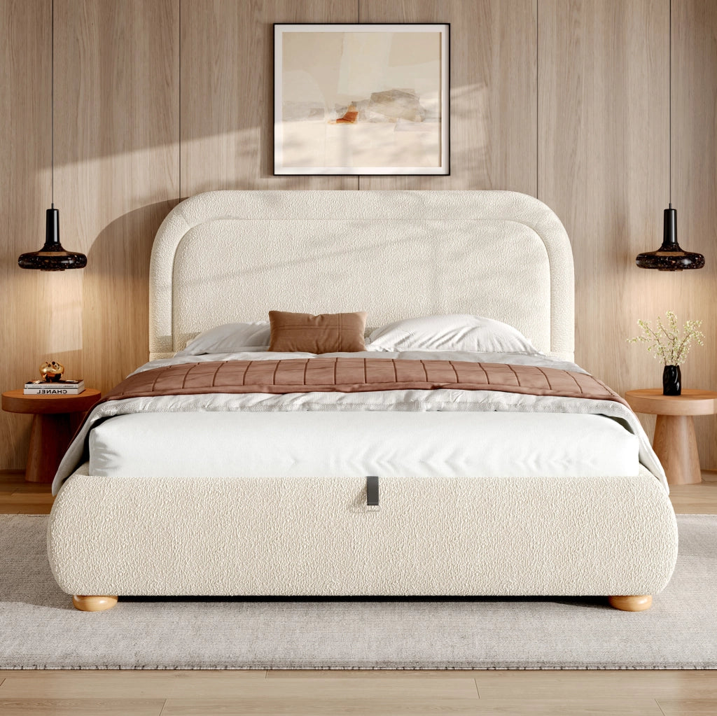 Letto matrimoniale contenitore 140x200 cm in bouclé beige con rete a doghe HOMVRA