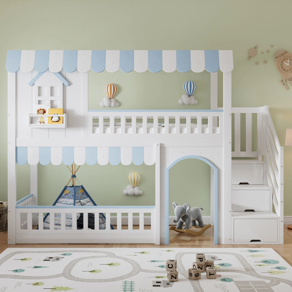 Letto a castello per bambini con scala contenitore e protezioni