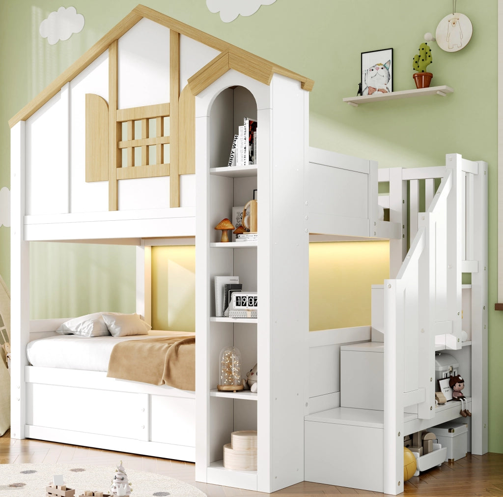 Letto a castello 90x200 cm con contenitore idraulico; scala contenitore e LED bianco HOMVRA