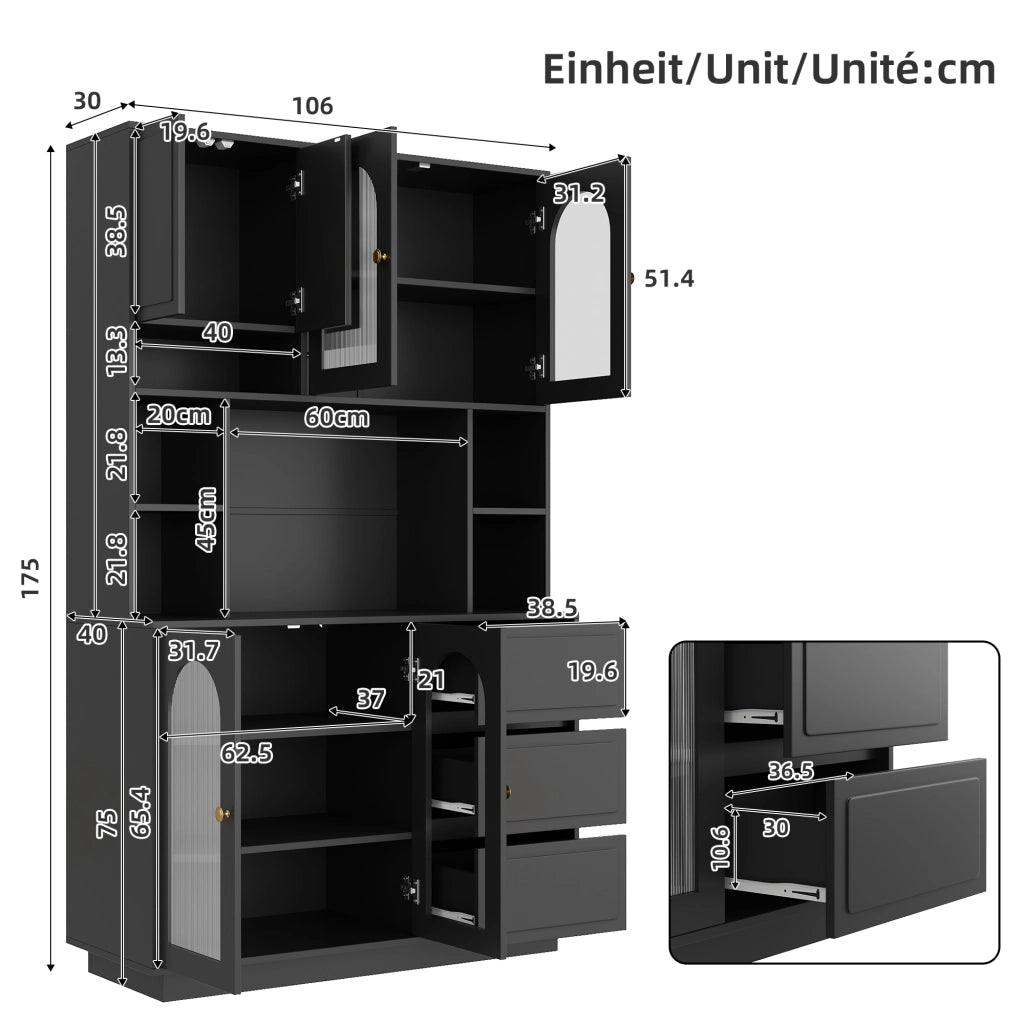 Credenza alta da cucina LED con 4 ante, 3 cassetti e ripiani regolabili, in MDF nero, 106 × 30 × 175 cm