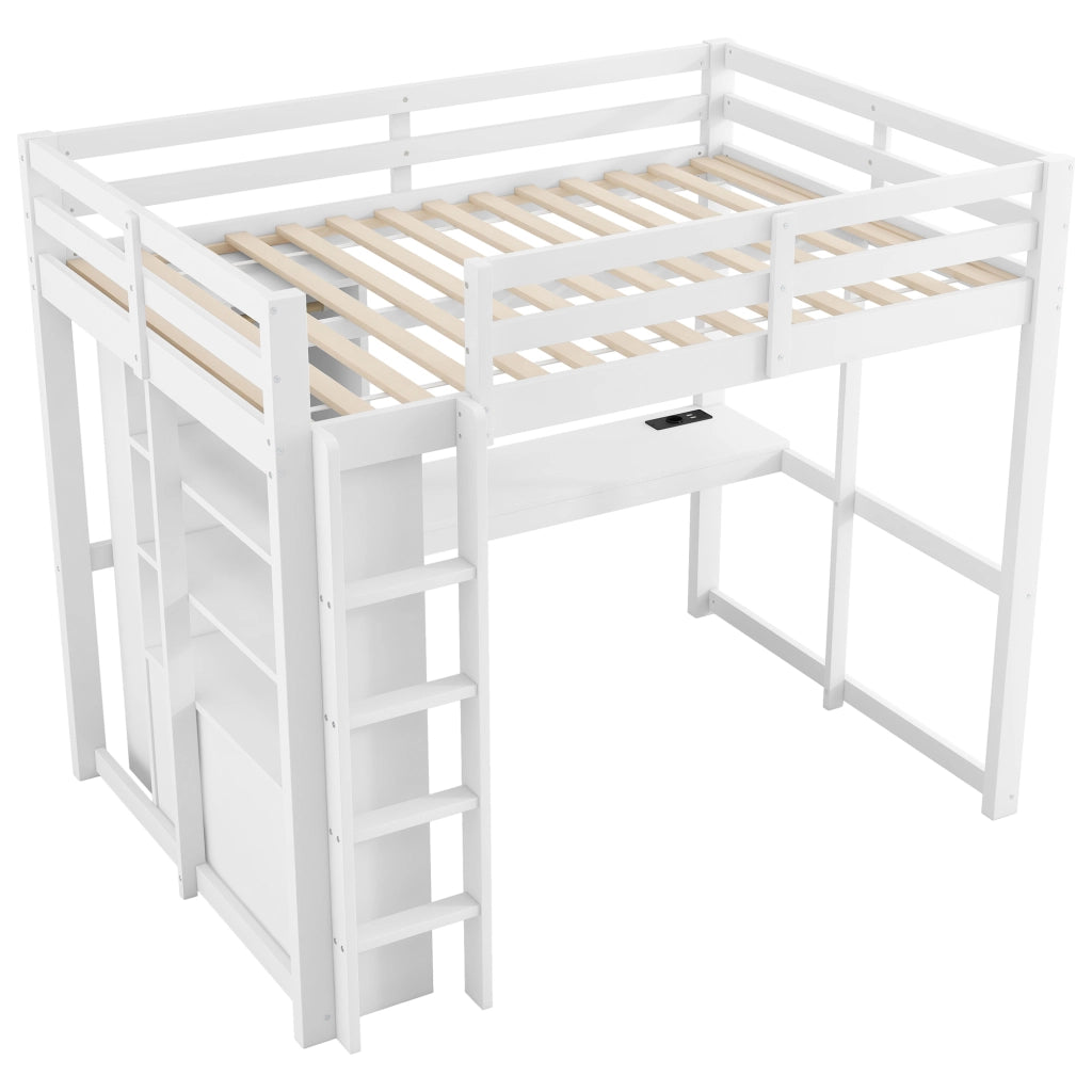 Letto a soppalco 140x200 con scrivania; LED; USB e contenitori; bianco