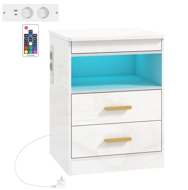 Comodino con stazione di ricarica RGB LED 45x40x59 cm bianco lucido