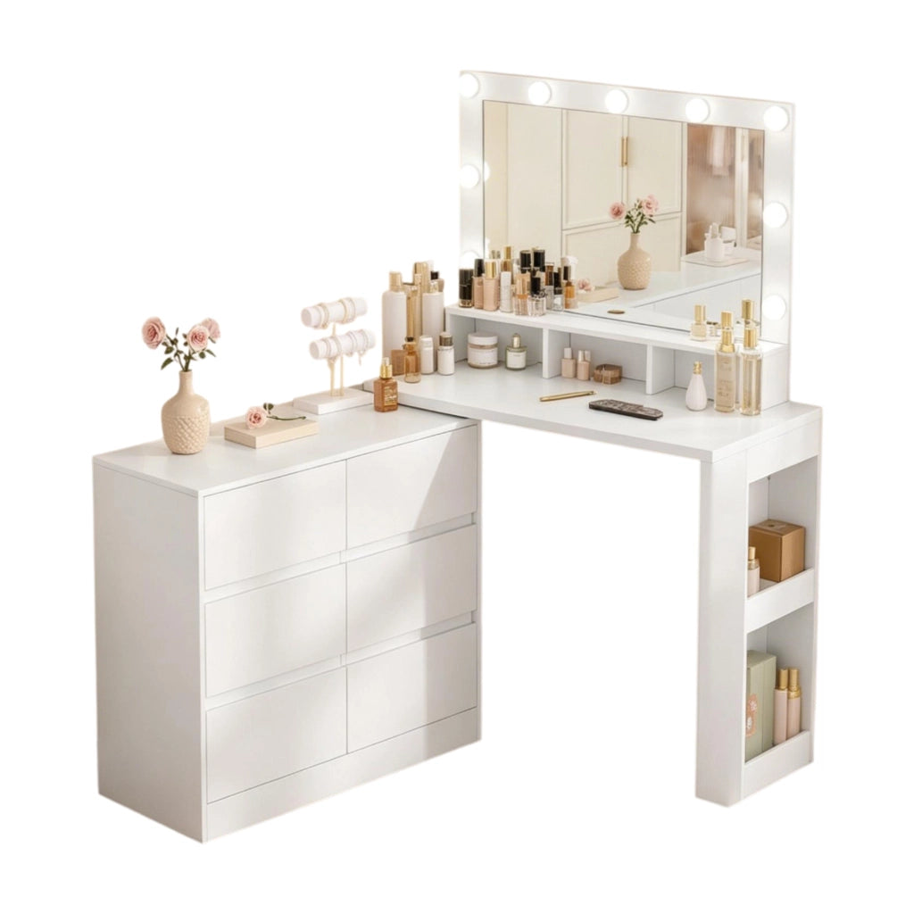 Toeletta con specchio LED regolabile; 6 cassetti e configurazione lineare o a L bianca 90 ¡Á 134.5 ¡Á 40 cm