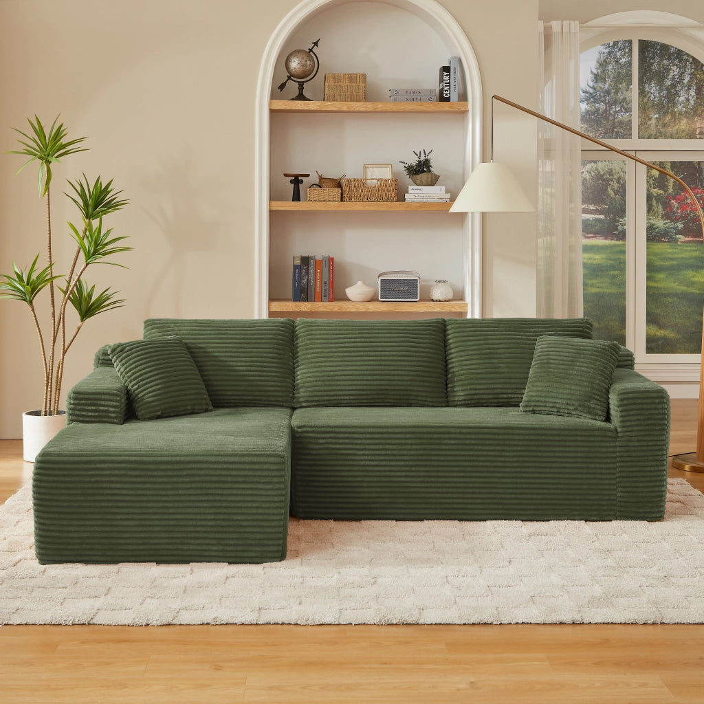 Divano modulare con chaise longue e cuscini rimovibili in schiuma e molle verde