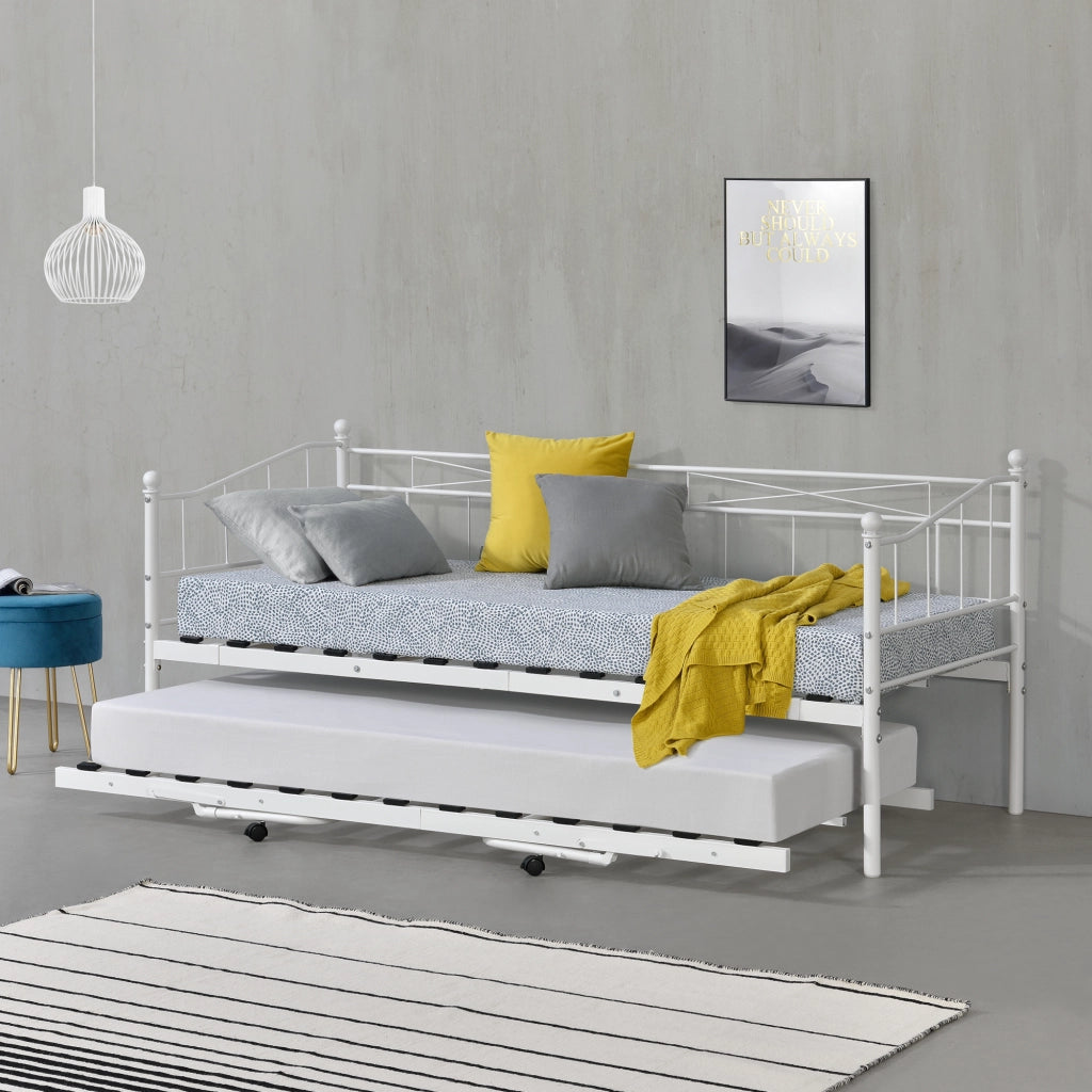 Divano in Metallo con Cornice Decorativa + Letto di Complemento con Gambe Pieghevoli e 4 Ruote, Sofa a 2-3 Posti di Seduta  e Secondo Letto Salvaspazio - Bianco