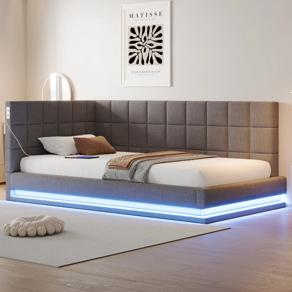 Divano letto 90 x 200 cm con LED multicolore via smartphone e USB, letto multifunzione in lino grigio con rete a doghe