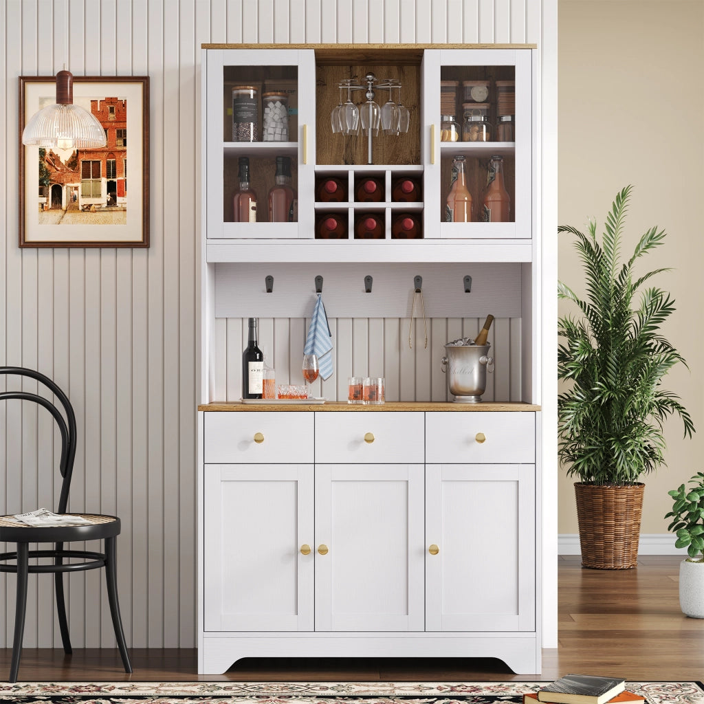 Credenza alta con 5 ante 3 cassetti e vani aperti in MDF bianco effetto legno 94.5 × 30 × 175.5 cm