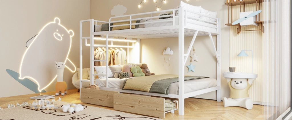 Letto a castello 140 × 200 cm con struttura in metallo e MDF bianco LED app due cassetti ripiani e stendino