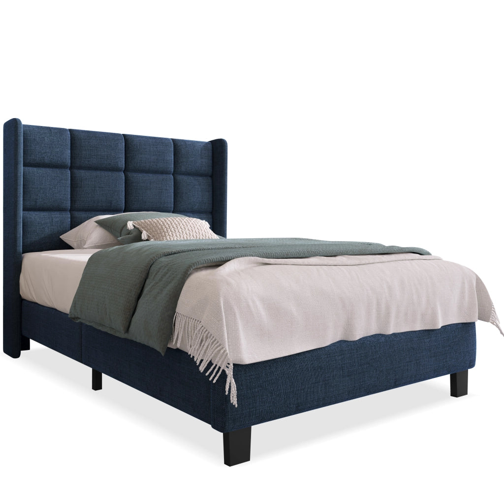 Letto Singolo 90x200 Imbottito in Lino Blu con Testiera e Rete a Doghe