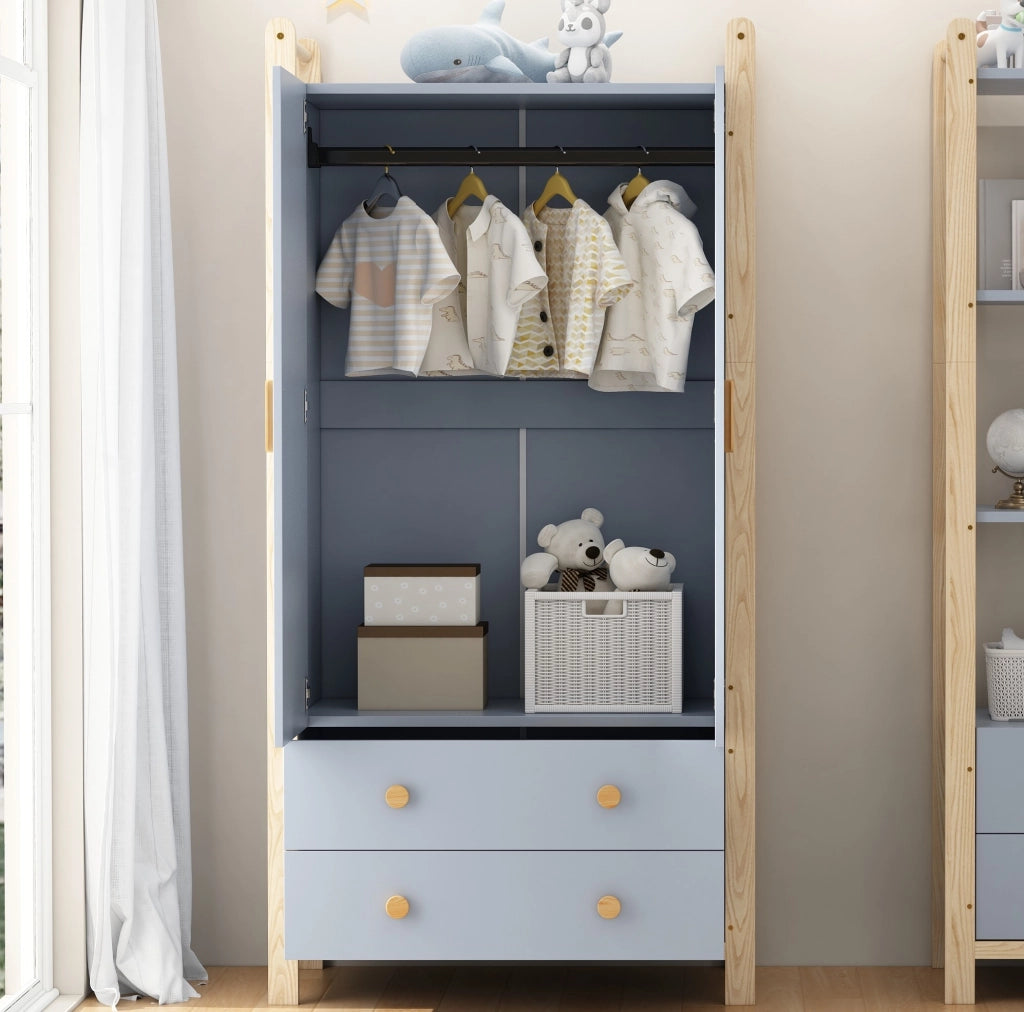 Armadio 2 ante con appendiabiti e 2 cassetti, struttura in truciolato blu, telaio in pino, 90x45x180 cm